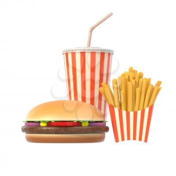 Fast food set isolated on white background. Hamburger, french fries and cola drink in generic package with stripes. Graphic design element for restaurant advertisement, menu or poster. 3D illustration