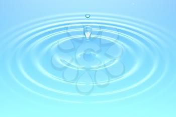 Water drop, rain drop falling on water surface. Liquid round ripple splashing with reflection. Graphic design element for poster, package, flyer. Abstract new age spiritual background, 3D illustration