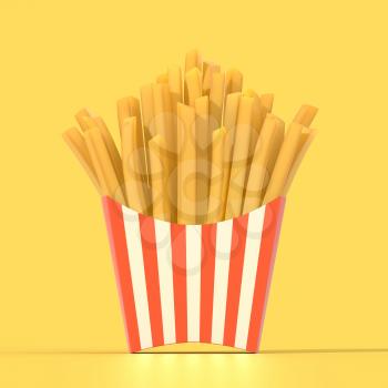 Fast food french fries in a container. Generic striped fried potato chip package on yellow background. Graphic design element for restaurant advertisement, menu, poster, flyer. 3D illustration
