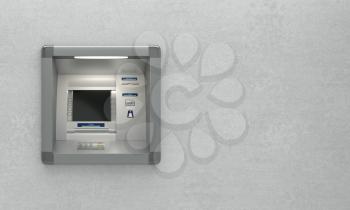 Atm machine with place for text. Display screen, buttons, cash dispenser, receipt printer. Pin code safety, automatic banking, electronic cash withdrawal, bank account access concept. 3D illustration