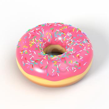 Delicious colorful donut with pink icing and sprinkles. Macro view of american dessert on white background. Graphic design element for bakery flyer, poster, advertisement, scrapbook. 3D illustration.