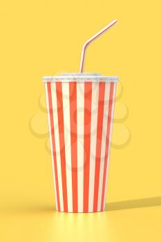 Fast food cola drink cup, drinking straw. Generic striped beverage package on yellow background with shadow. Graphic design element for restaurant advertisement, menu, poster, flyer. 3D illustration