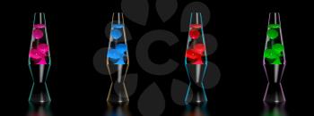 Set of four lava lamps. 70-ies style concept. Pink, red, blue and green lava lamps on black background with reflection. Graphic design elements for flyer, poster, invitation. Realistic 3D illustration