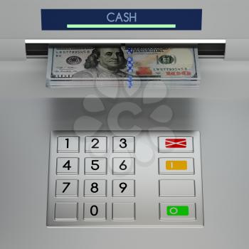 Atm machine keypad with banknotes in the money slot. Password security, online payment, cash withdrawal deposit, transfer funds, giving money returning bank debt concept. 3D illustration