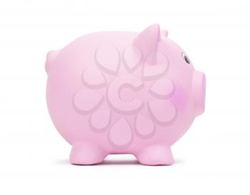 Pink ceramic piggy bank, isolated on white background. Keeping money in a safe or a bank, or in a piggy bank, economy, financials investments, savings for buying a house, a car, for retirement concept.