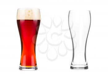 Two beer glasses isolated on white background. Empty mug and mug filled with red beer with bubbles and foam. Graphic design element for brewery ad, beer garden poster, flyers, printables.
