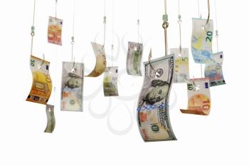 Euro and dollar bills on fishing hooks, isolated on white background. Catching cash, investment, winning a lottery concept. 3D illustration
