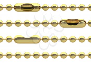 Seamless golden ball chain with lock isolated on white background. Fashion jewelry. Endless divider, border, frame. 3D illustration.