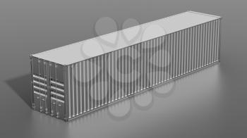 Ship cargo container 40 feet length. Grey metallic freight box. Marine olgistics, harbor warehouse, customs, transport shipping concept. 3D illustration