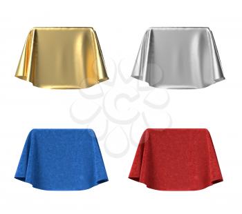 Set of boxes covered with red and blue velvet, silver and gold satin fabric. Isolated on white background. Surprise, award, prize, presentation concept. 3D illustration