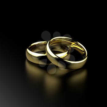 Gold wedding rings on black grained background. Love and marriage concept. 3D illustration.