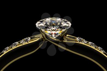 Diamond golden ring isolated on black background. Wedding or engagement ring. Beautiful fashion jewelry. Elegant advertisement template. Add your text. 3D illustration.
