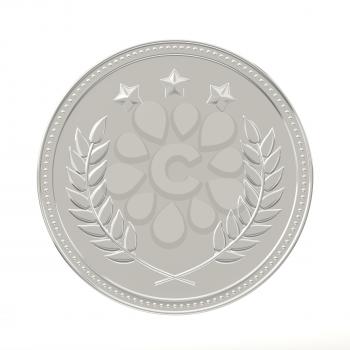 Silver medal with laurels and stars. Round blank coin with ornaments. Victory, best product, service or employee, second place concept. Achievement in sports. Isolated on white background.