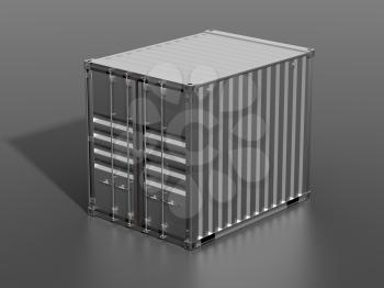Ship cargo container 10 feet length. Dark grey metallic freight box with shadow grey background. Marine logistics, harbor warehouse, customs, transport shipping concept. 3D illustration