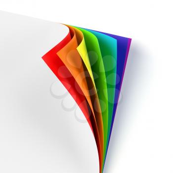 Blank document rainbow colored curled corner. Graphic design element. Empty template mock up. Business corporate identity, advertisement, poster with turning corner, colors and shadow. 3D illustration