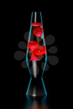 Lava lamp with red lava on black background. 3D illustration