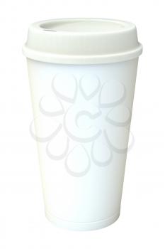 Blank white takeaway coffee cup with silicone cover isolated on white background. 3D illustration