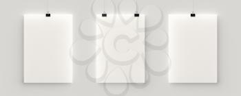 Set or three posters hanging in a row on a thread with black clips, blank mock up against grey wall. 3D illustration
