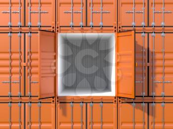 Empty ship cargo container 20 feet length, side view, open doors. Brown freight box background. Marine logistics, harbor warehouse, customs, transport shipping concept. 3D illustration