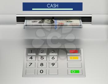 Atm machine keypad with 100 dollar banknotes in the money slot. Password security, online payment, cash withdrawal deposit, transfer funds, giving money returning bank debt concept. 3D illustration