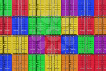 Stack of ship cargo containers. Colorful freight boxes background. Marine logistics, harbor warehouse, customs, transport shipping concept. 3D illustration