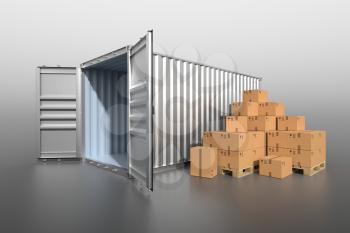 Ship cargo container side view, open doors, empty with pile of cardboard boxes on pallet. 3D illustration