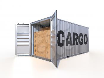 Ship container with the word CARGO on the side, with open doors, full with cardboard boxes, isolated on white background. 3D illustration