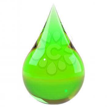 Green drop isolated on white. Save the Earth, ecology, eco fuel concept. Graphic design element for poster, flyer, packaging. 3D illustration
