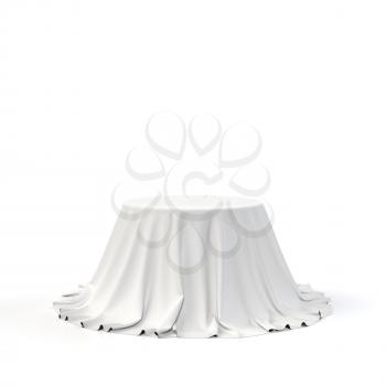 Round box covered with white fabric isolated on white background. Surprise, award, prize, presentation concept. Showroom stand. Reveal a hidden object, raise the curtain. 3D realistic illustration