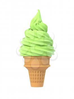 Mint soft ice icecream in waffle cone. Isolated on white background. Delicious flavor summer dessert. Graphic design element for advertisement, menu, scrapbooking, poster, flyer. 3D illustration