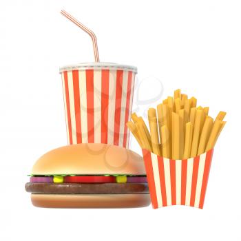 Fast food set isolated on white background with shadow. Hamburger, french fries, cola in generic striped package. Graphic design element for restaurant advertisement, menu, poster. 3D illustration