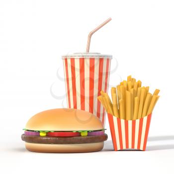 Fast food set on white background with shadow. Hamburger, french fries and cola in generic package with stripes. Graphic design element for restaurant advertisement, menu or poster. 3D illustration