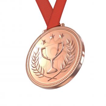 Bronze medal with laurels, stars and cup on a red ribbon. Victory, best product, service or employee, first place concept. Achievement in sports. Isolated on white background.