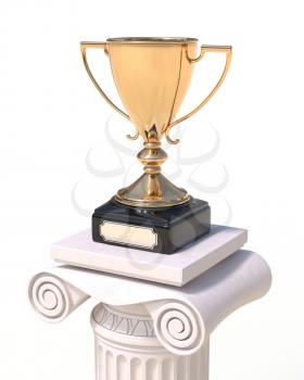 Golden trophy cup on an antique column in greek style isolated on white background. Victory, best product, service or employee, first place concept. Achievement in sports.
