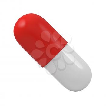 White and red pill isolated on white background. Close up macro shot. Medication, healthcare insurance, pharmacy concept.