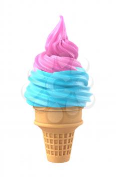 Soft ice icecream in waffle cone, pink berry and blue mint taste, solated on white background. 3D illustration