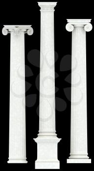 Three antique columns isolated on black background