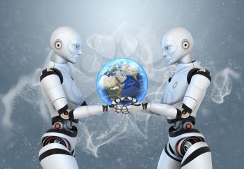Two cyborgs holding the Earth in their hands. Clipping path included.