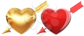 Golden and red hearts pierced by arrow