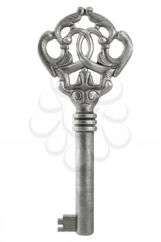 Vintage ornate silver key, isolated on white