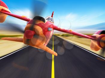 Sport racing aircraft is flying above a highway