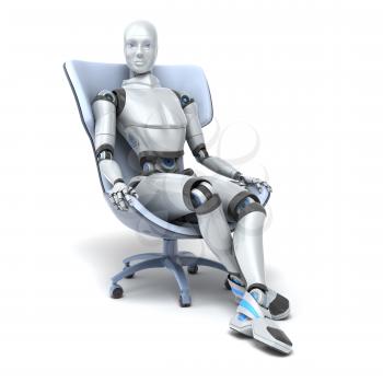 Android sits in a chair isolated on white. Clipping path included