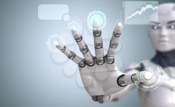 Robot hand touches Sci-Fi interface