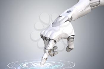 Robot's hand is pushing the button. Clipping path included