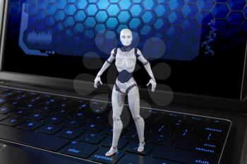 Robot standing on keyboard. 3D illustration