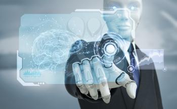 Robot in suit working with high tech touchscreen.3D illustration