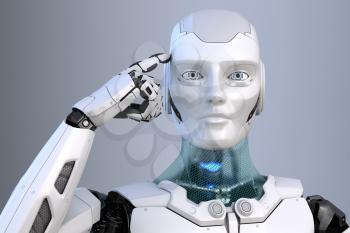 Robot holds a finger near the head. 3D illustration