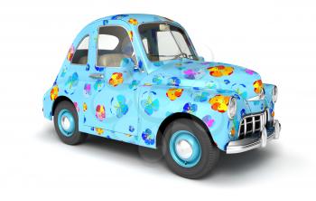 Blue cartoon car with flower print. 3D illustration