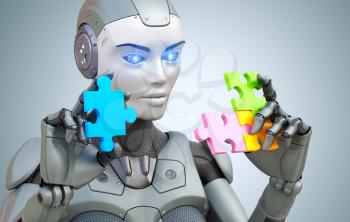 Robot collects puzzle . 3D illustration,