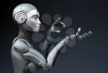 Robot is looking at something in his hand. 3D illustration